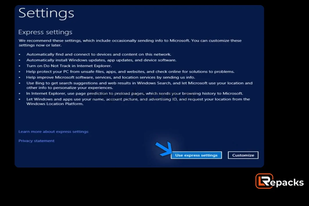 Нажмите «Использовать экспресс-настройки» в меню настроек, чтобы перейти к рекомендуемым Windows настройкам для вашего компьютера. Вы можете изменить его позже во время использования ОС.
