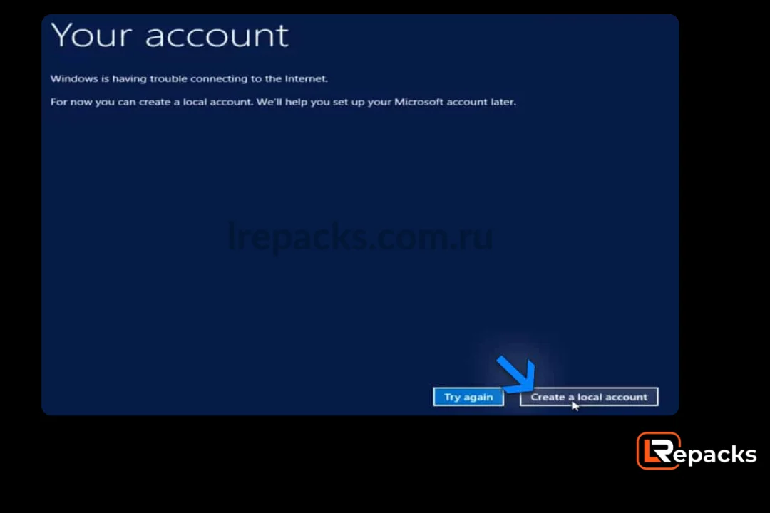 Он попытается подключиться к Интернету, а затем попросит войти в учетную запись Microsoft. Если это невозможно, вы можете создать локальную учетную запись.