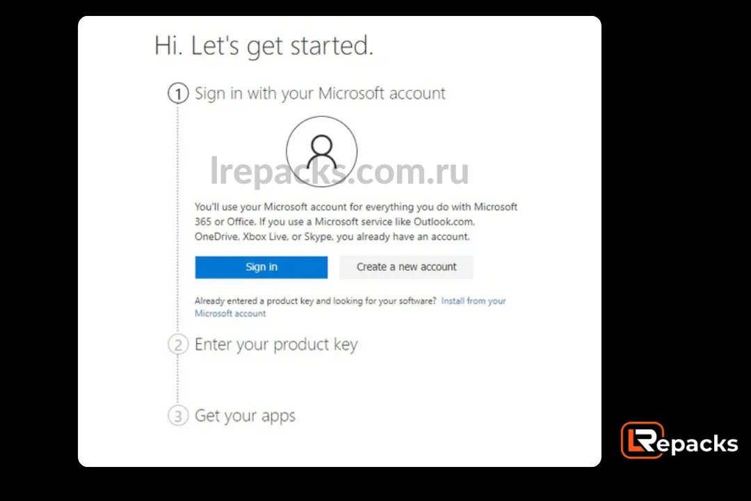 войдите в свою учетную запись Microsoft и введите код продукта.