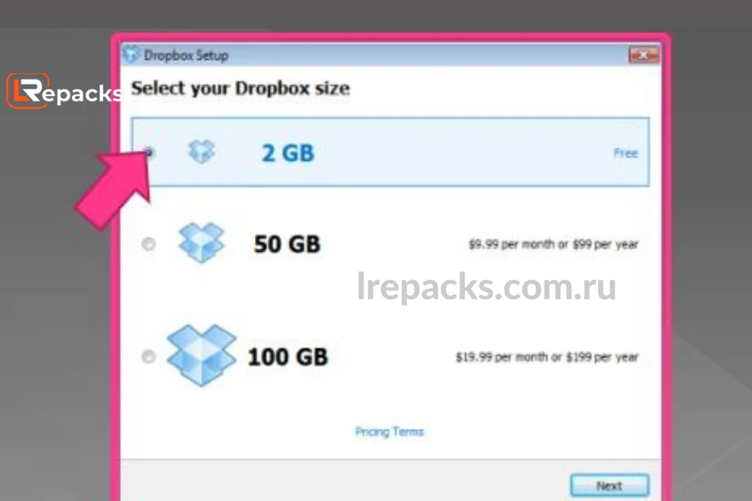 выберите размер Dropbox